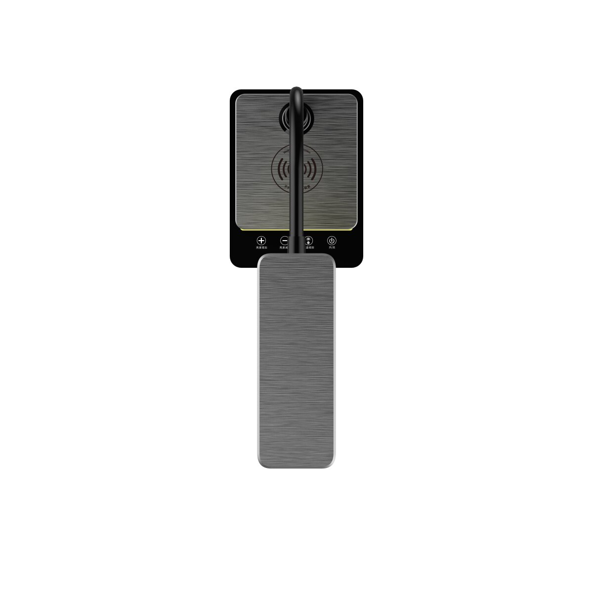 Schwarzes kabelloses Ladepad mit Telefon. Das Pad hat eine silberne Oberfläche und ein schwarzes Kabel.