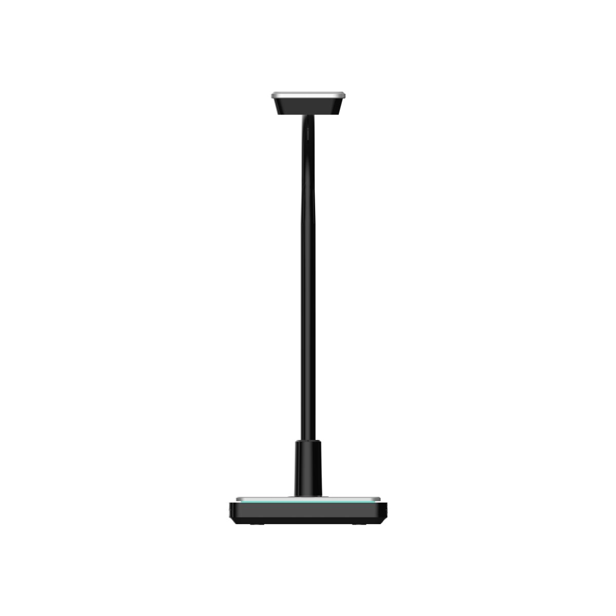 Eine hohe, schwarze Lampe. Sie hat einen quadratischen Sockel und ein rechteckiges Licht an der Oberseite. Weißer Hintergrund.