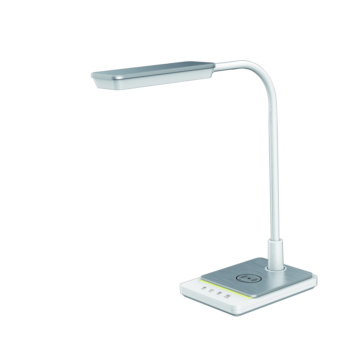 Eine Schreibtischlampe mit einem weißen, gebogenen Arm. Sie hat einen silbernen Sockel. Weißer Hintergrund.