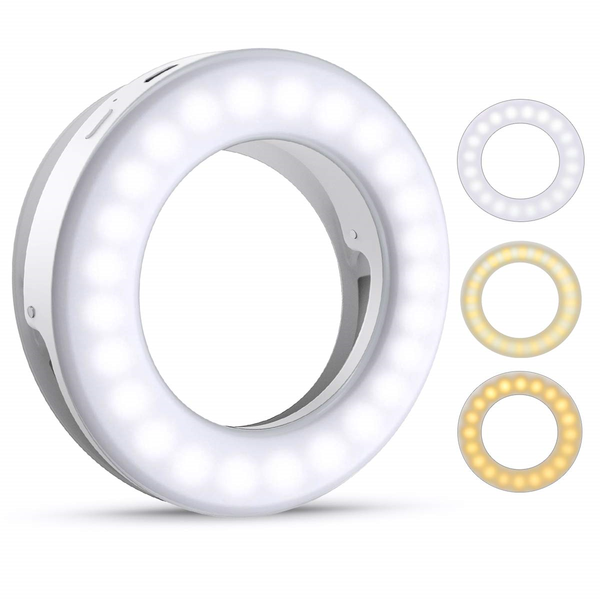 Weißes Ringlicht mit 18 LEDs, drei Lichteinstellungen: weiß, gelb und warmgelb.