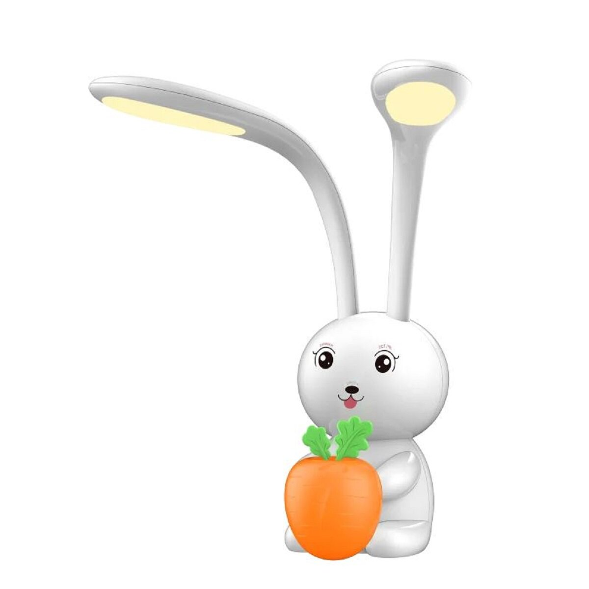 Eine weiße hasenförmige Lampe, die eine orangefarbene Karotte hält. Die Lampe hat zwei Lichtquellen.