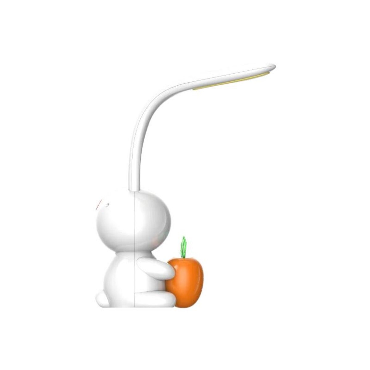 Weißes hasenförmiges Licht, das eine orange Karotte auf weißem Hintergrund hält.