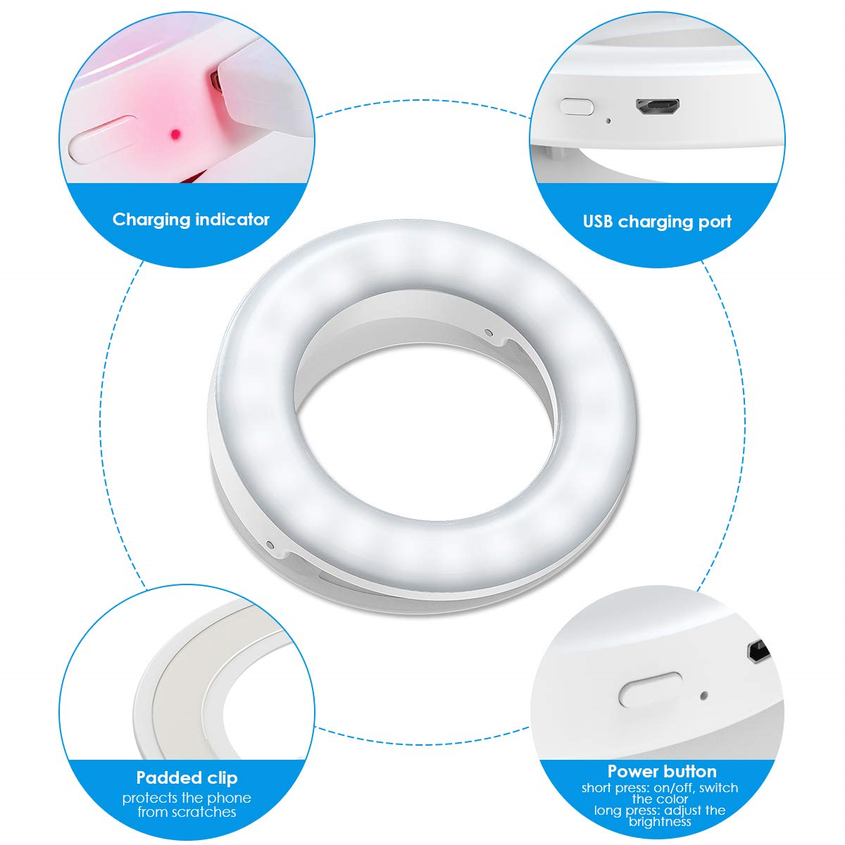Ringlicht mit Ladeanzeige, USB-Anschluss und Ein-/Aus-Taste, um ein zentrales Licht herum.