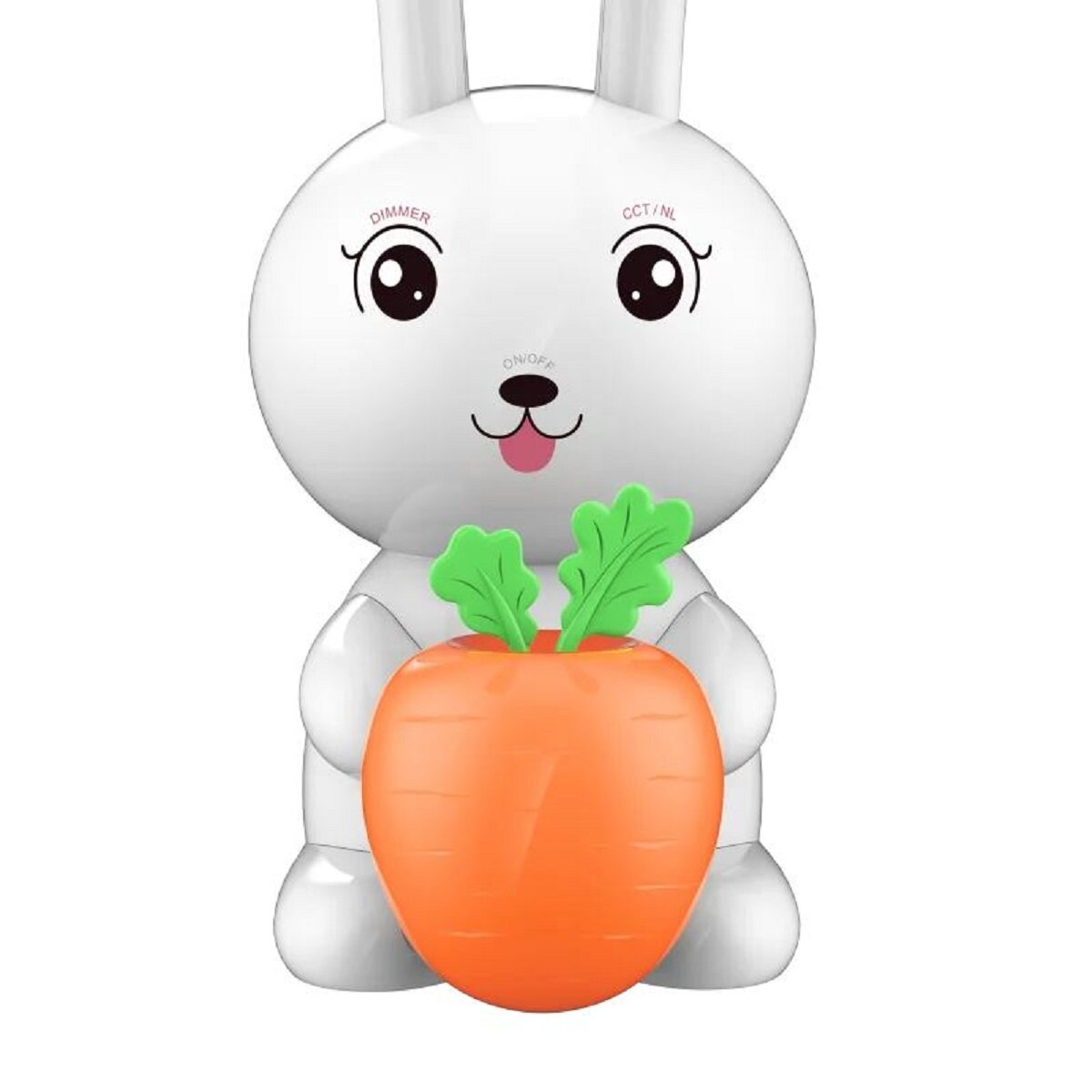 Eine weiße hasenförmige Lampe hält eine orangefarbene Karotte. Die Lampe hat Augen, eine Zunge und das Wort 'ON/OFF'.