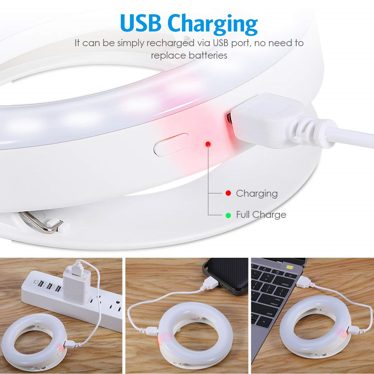 Über USB aufladbares Ringlicht. Weiß, mit Ladeanzeige. An verschiedene Stromquellen angeschlossen.