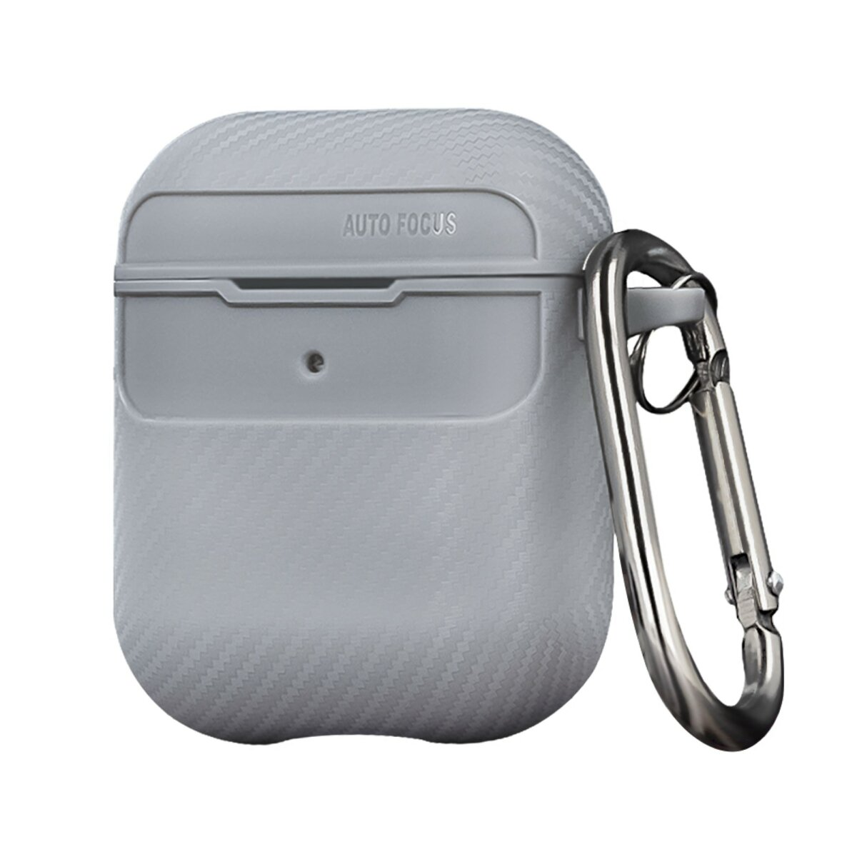 Graues AirPod-Etui mit silbernem Karabiner. Auf dem Etui steht "AUTO FOCUS".