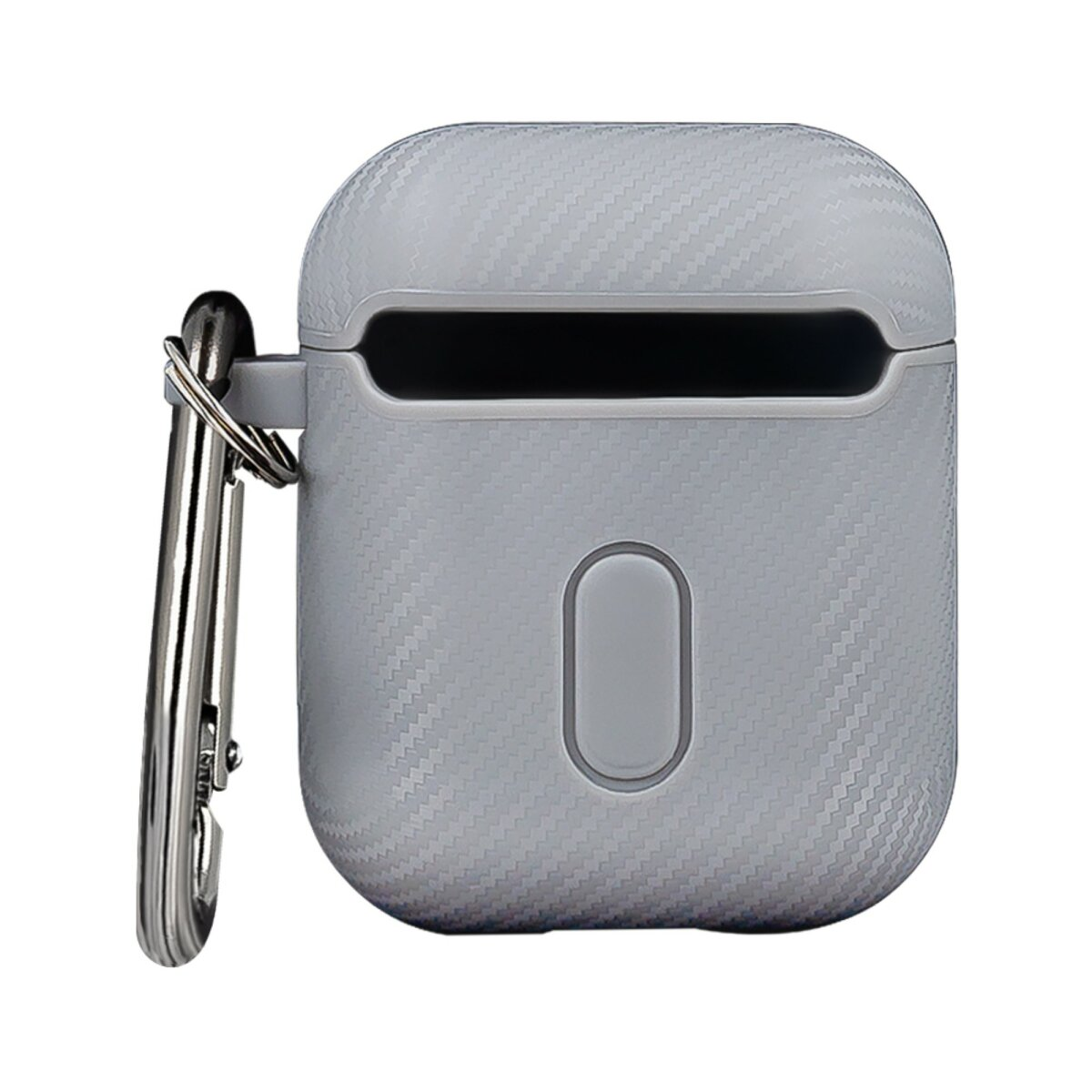 Graue Schutzhülle für AirPods, mit Karabinerhaken befestigt.