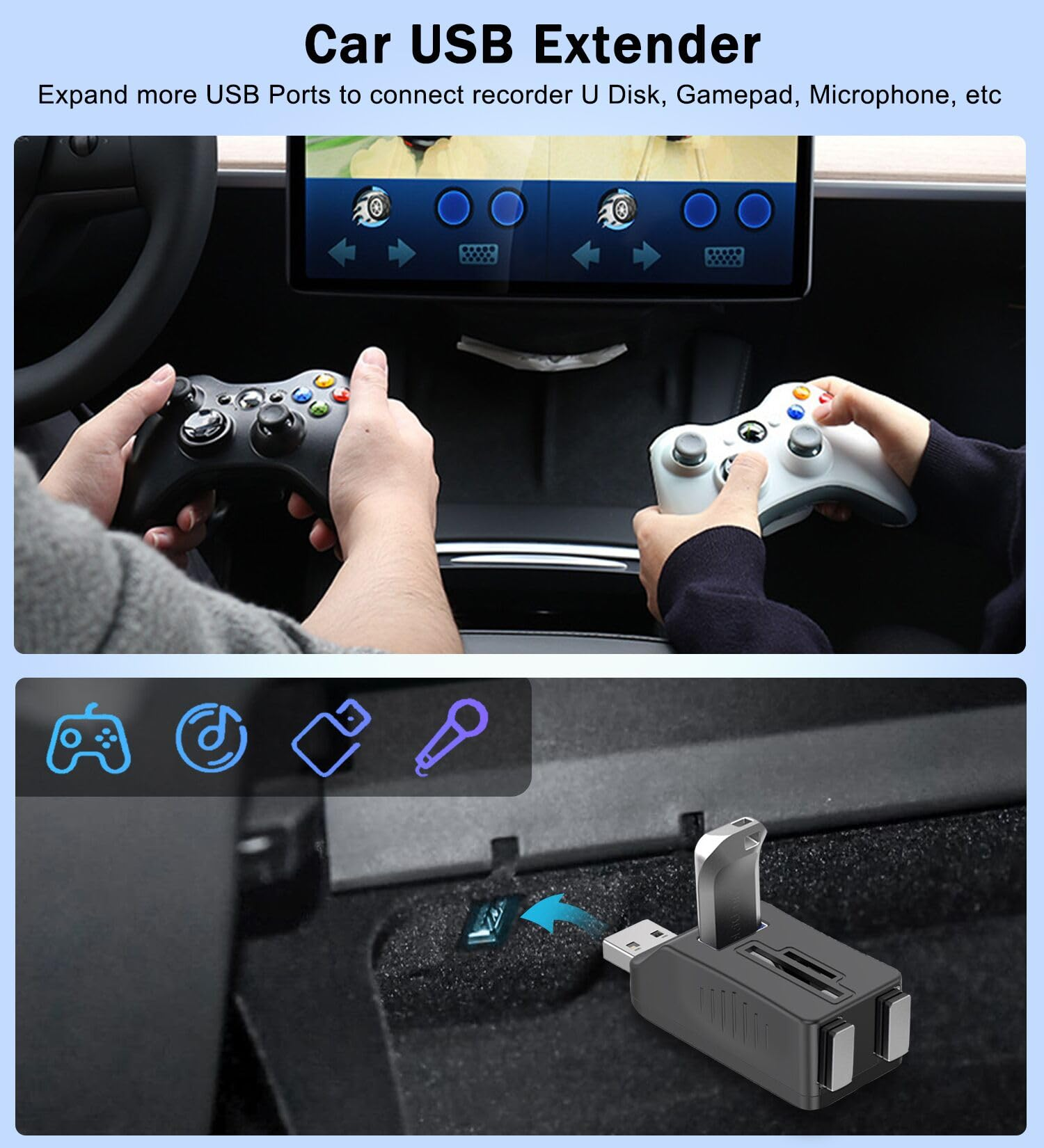 Zwei Personen im Auto spielen Spiele auf einem Bildschirm, mit einem USB-Extender-Gerät.