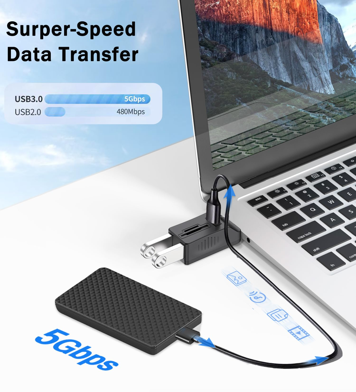 Laptop, Datenübertragungsgerät und externe Festplatte mit USB-Geschwindigkeiten.