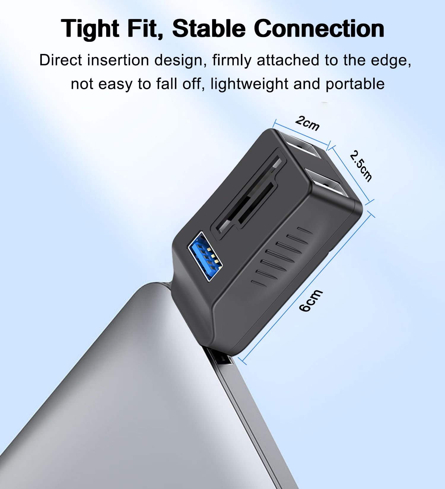 Schwarzer USB-Hub mit USB-Anschluss und Kartenleser. Abmessungen sind auf dem Bild angegeben.