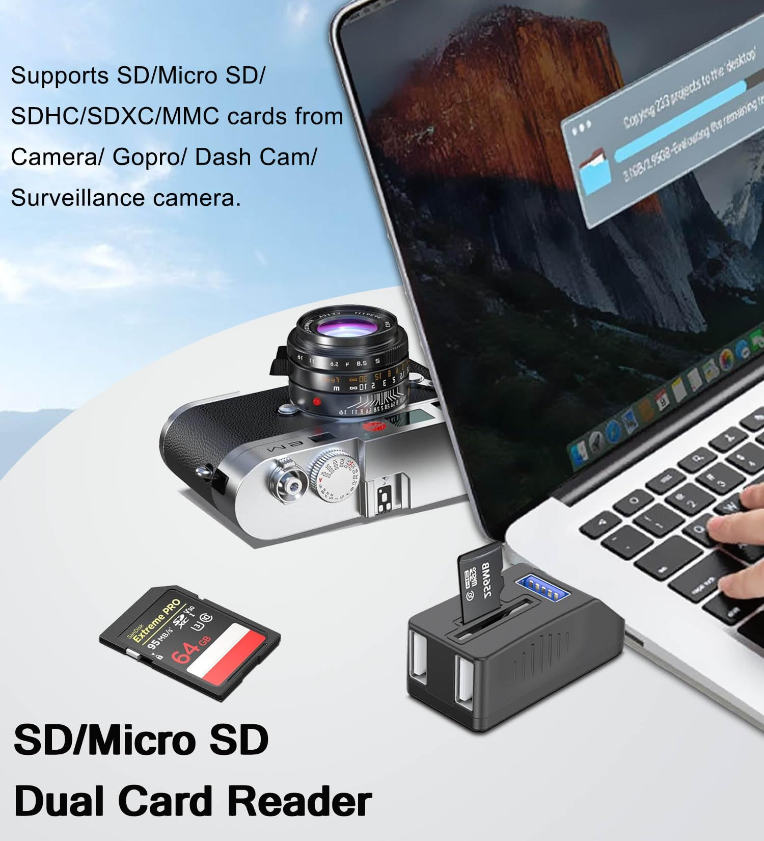SD/Micro-SD-Dual-Kartenleser mit SD-Karte, Kamera und Laptop im Hintergrund.