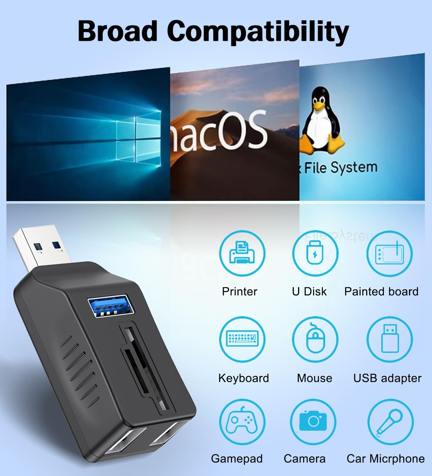 Schwarzer USB-Adapter, der verschiedene Peripheriegeräte unterstützt. Symbole für Drucker, Tastatur usw.