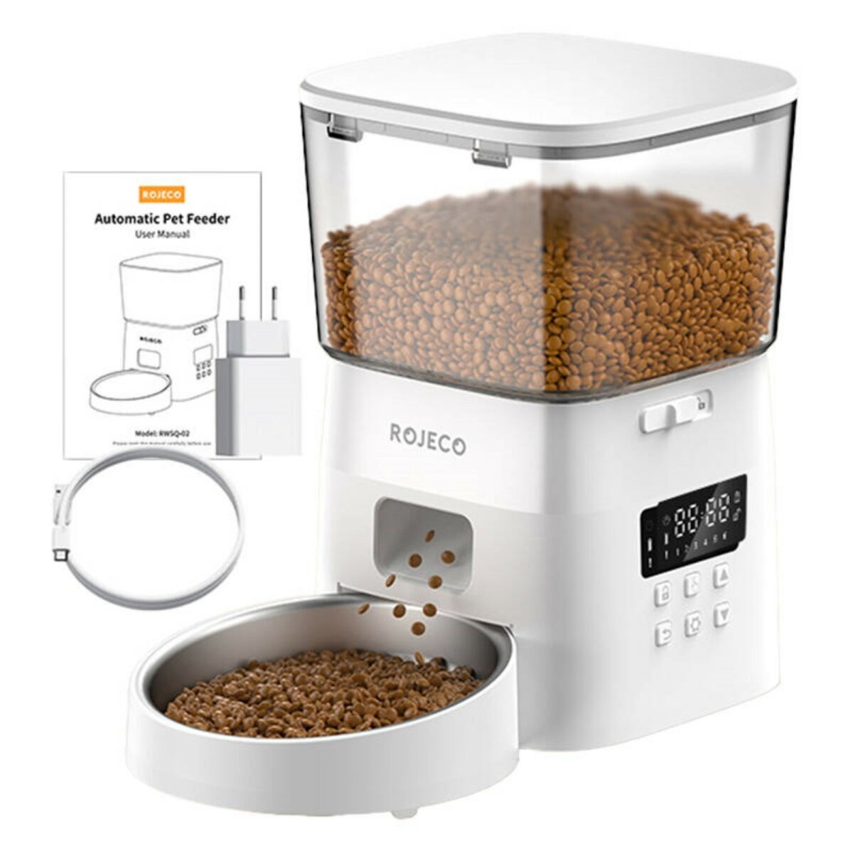 Biały automatyczny dozownik karmy dla zwierząt ze miską. Zawiera suchą karmę i wyświetlacz cyfrowy.