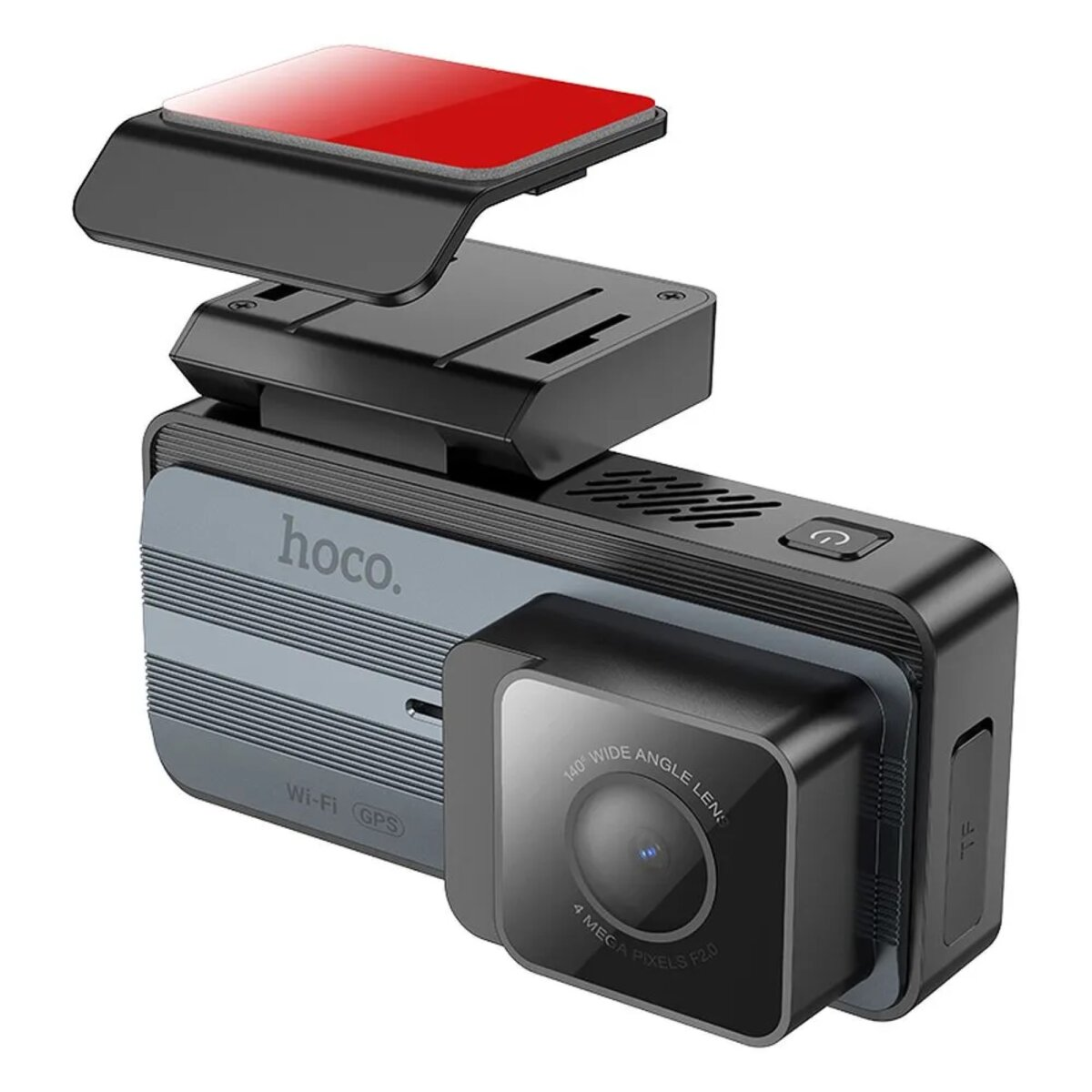 Schwarze Dashcam mit rotem Klebstoff und Linse. Grau und schwarz.