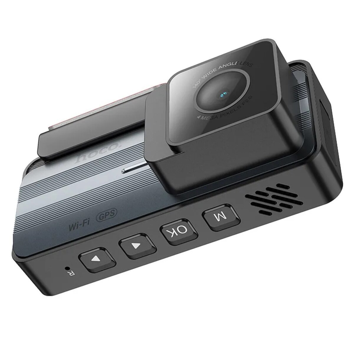 Schwarze Dashcam mit Knöpfen, Weitwinkelobjektiv und Bildschirm. Mit Wi-Fi und GPS.