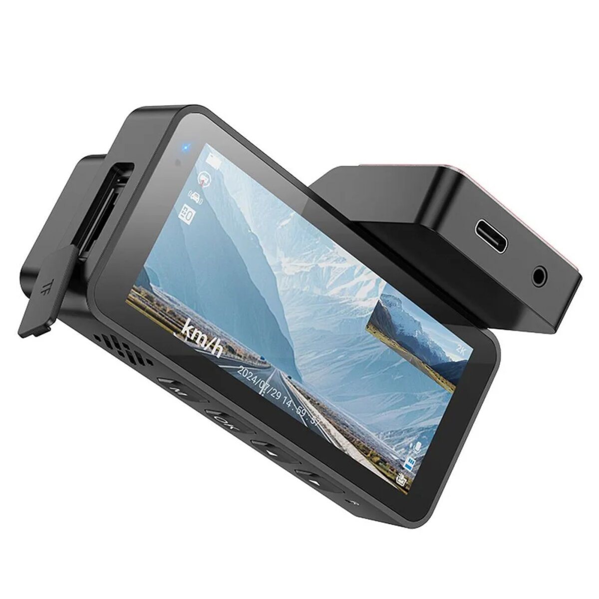 Schwarze Dashcam nach links abgewinkelt, zeigt km/h und Datum an. Zweite schwarze Komponente rechts.