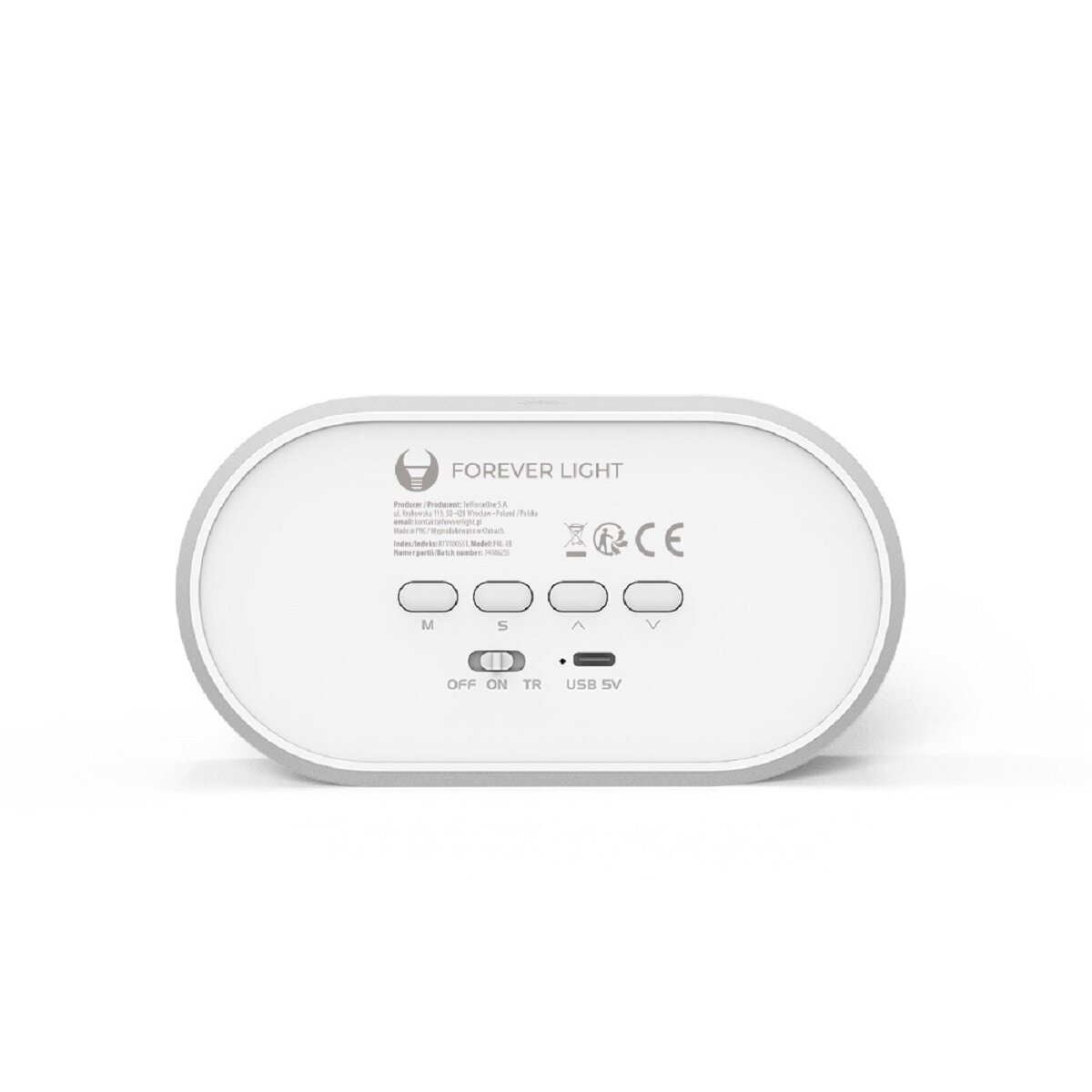 Appareil Forever Light blanc. Le dos a des boutons et un port USB.
