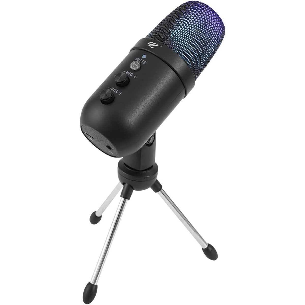 Gümüş bir tripod üzerinde siyah bir mikrofon. Mikrofonun üst kısmında renkli bir ağ var.