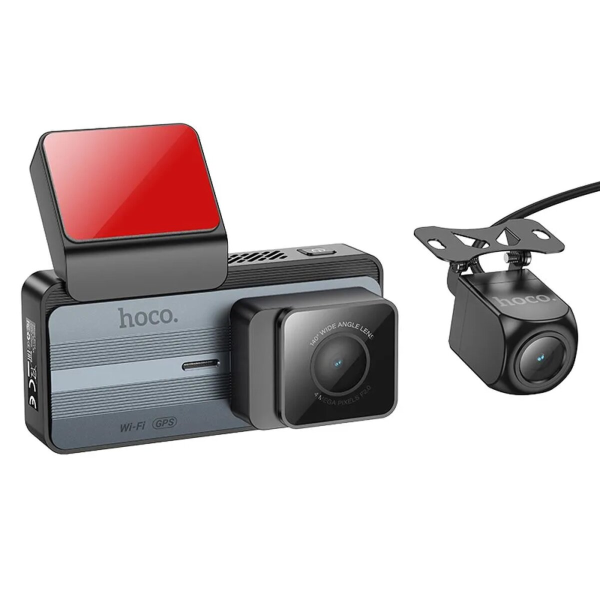 Dashcam mit Front- und Rückkamera. Schwarz und grau, mit rotem Klebepad.