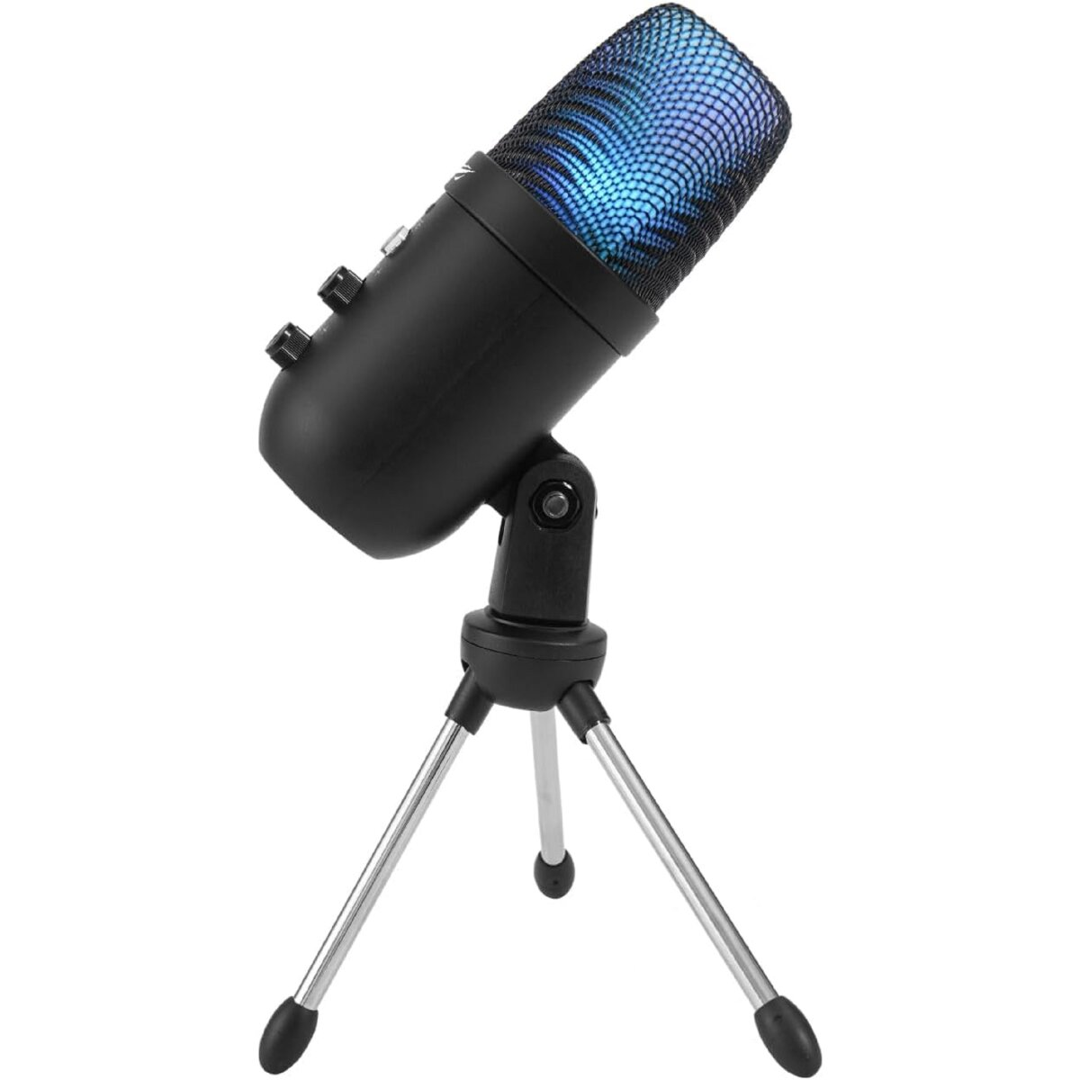 Gümüş tripod standlı ve mavi ışıklı bir ızgaraya sahip siyah bir mikrofon.