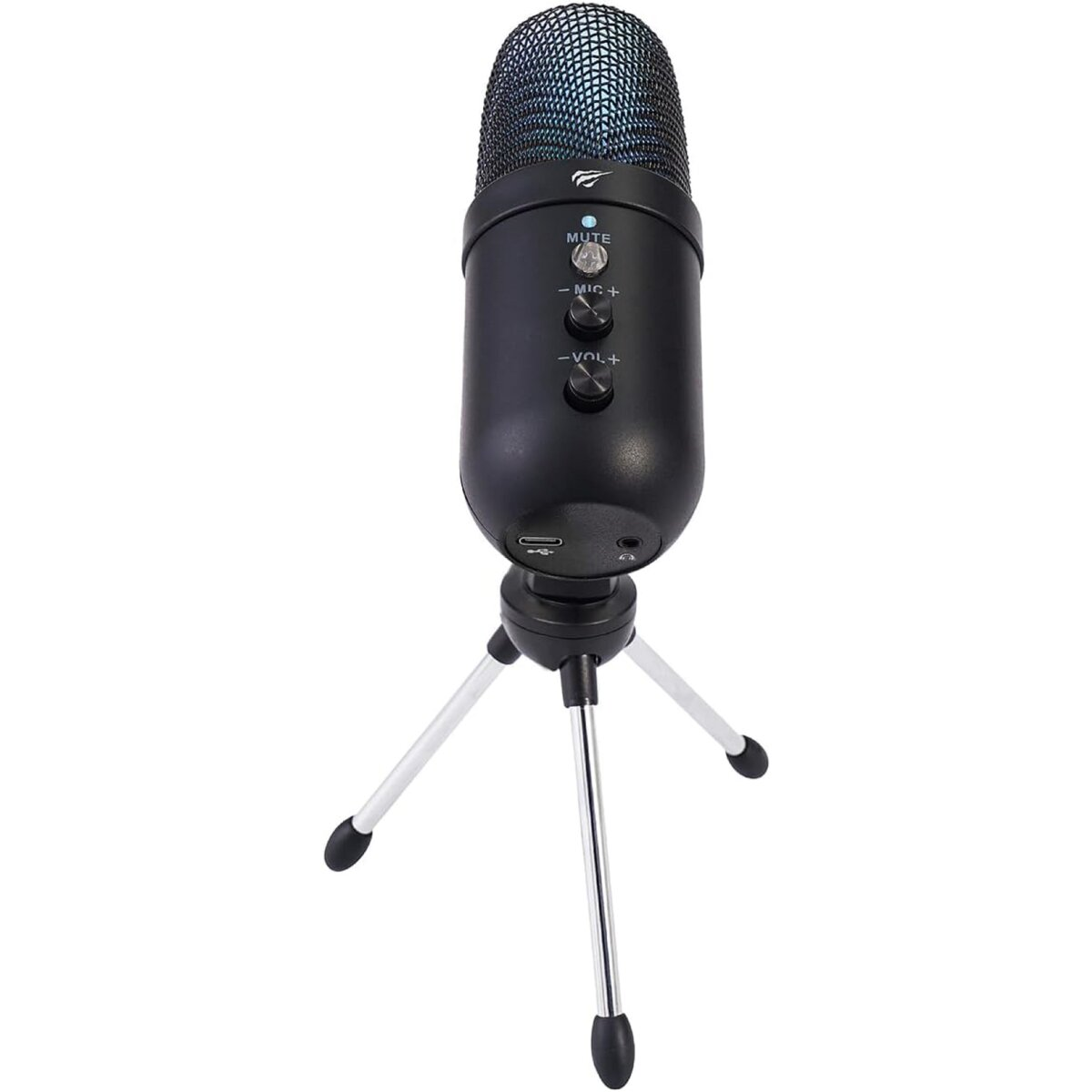 Küçük bir tripod standı ile siyah mikrofon. Sessiz, mic + ve vol - düğmeleri görünür.