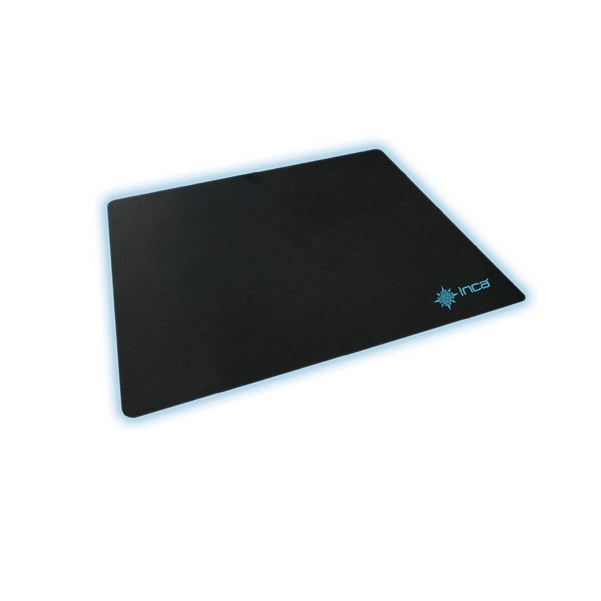 Schwarzes Mauspad mit blau leuchtendem Rand und Logo in der rechten Ecke.