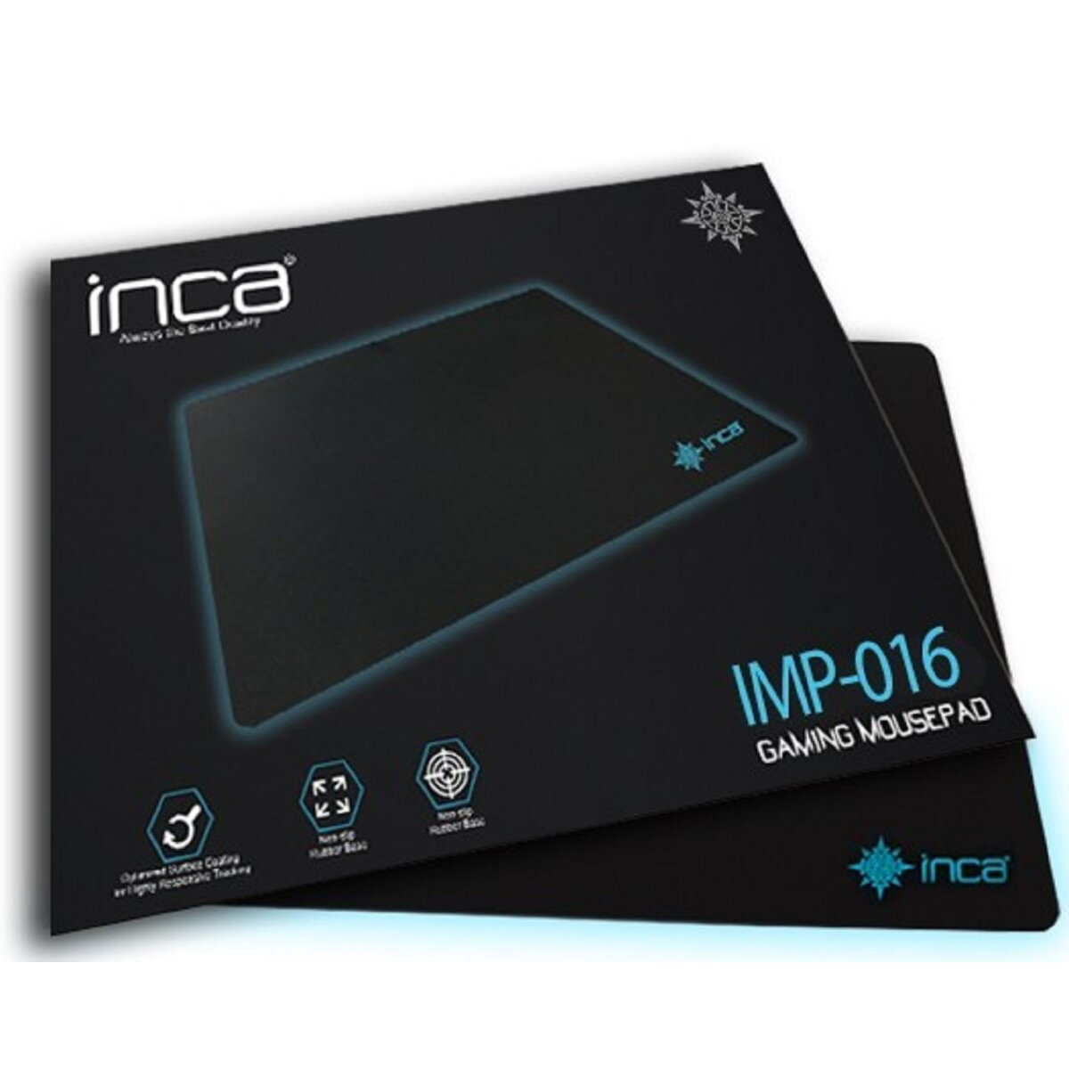 Schwarzes Inca Gaming-Mauspad in einer schwarzen Box mit Text und blauen Designelementen.