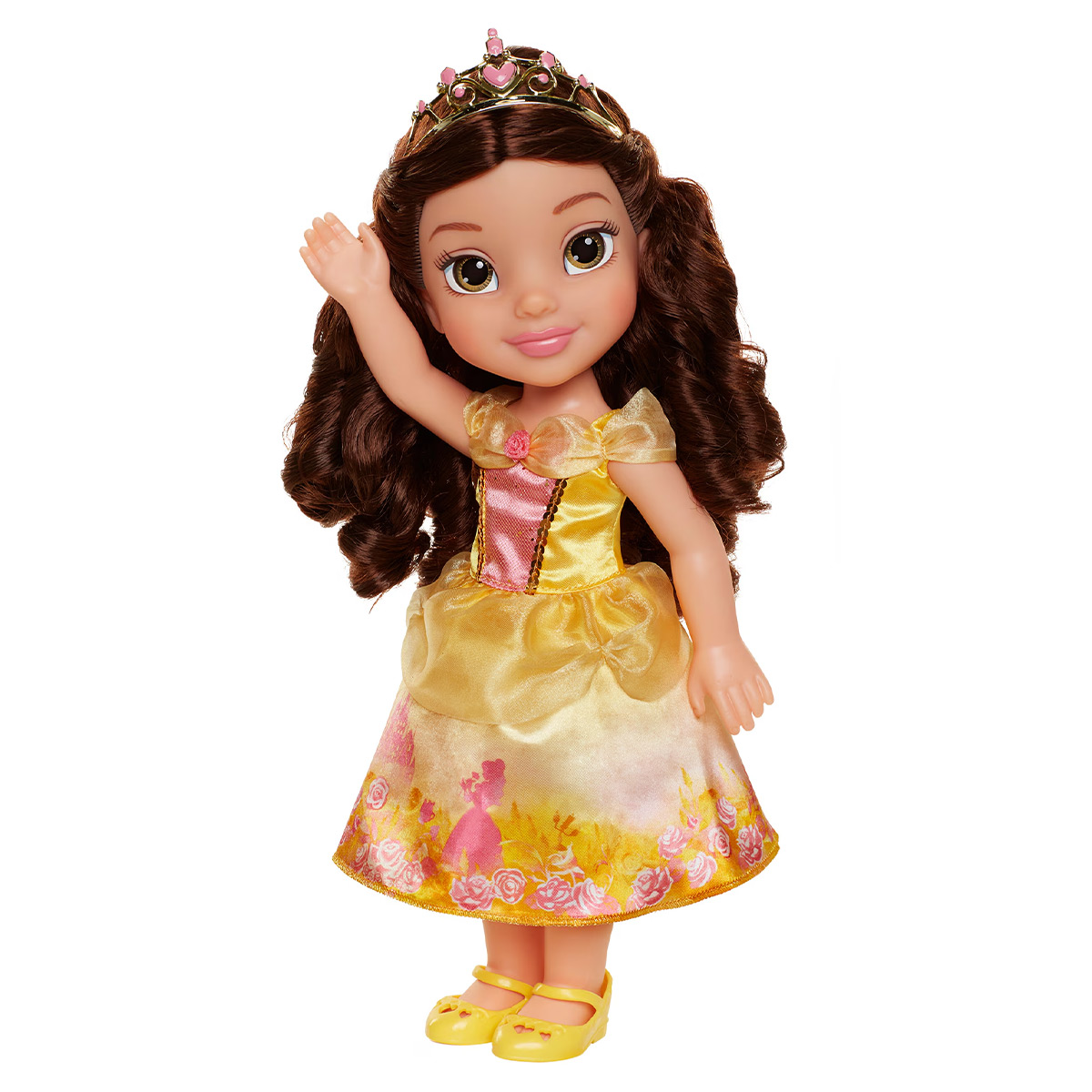 Una bambola Disney di Belle con un vestito giallo con una tiara, che saluta con la mano.