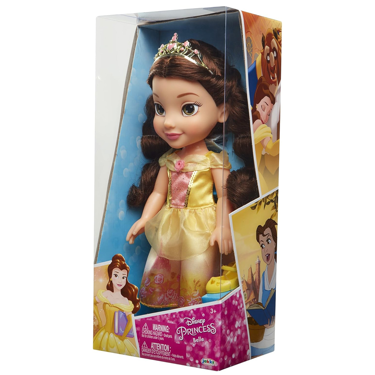 Bambola Belle in una scatola. Indossa un vestito giallo e una tiara.