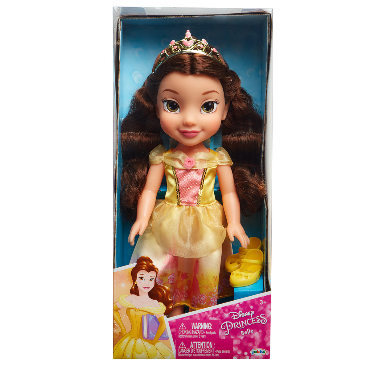 Bambola Disney Princess Belle in una scatola. La bambola indossa un vestito giallo.