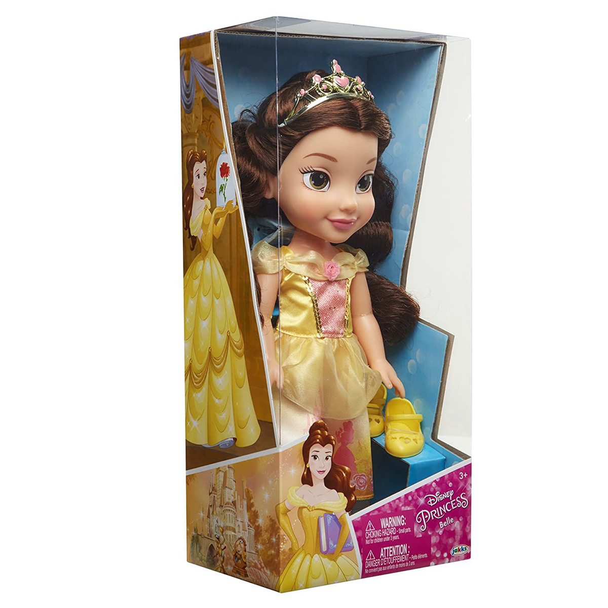 Bambola Disney Princess Belle in scatola con abito giallo, scarpe e tiara.