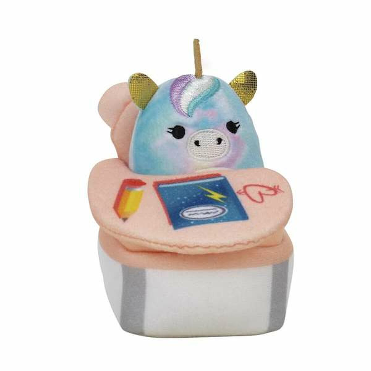 Ein Plüsch-Einhorn-Spielzeug in einem Cupcake. Das Spielzeug hat einen blauen Körper, rosa Cremebasis und ein Buch.