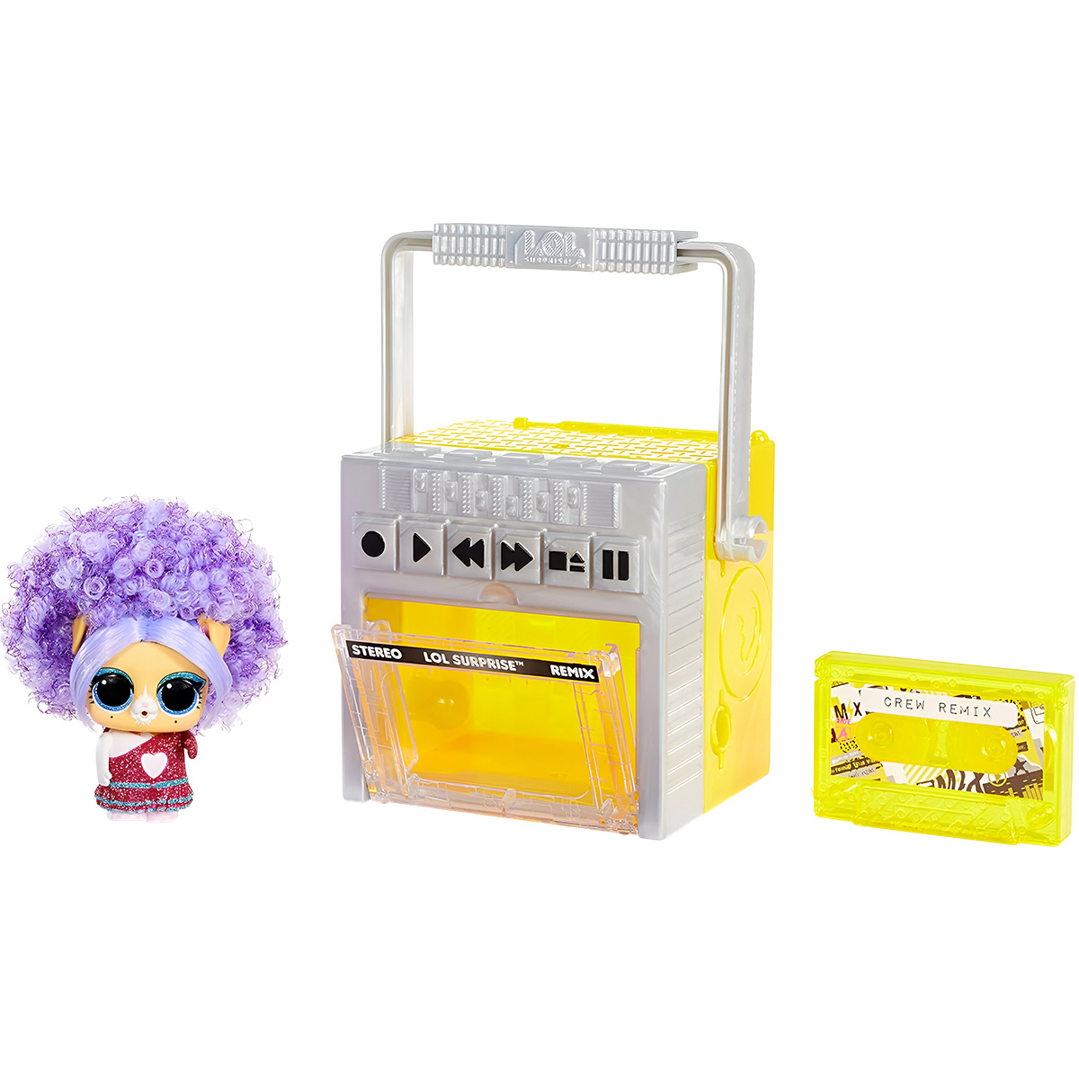Un giocattolo LOL Surprise Remix giallo e grigio con una bambola e un accessorio a cassetta, su sfondo bianco.