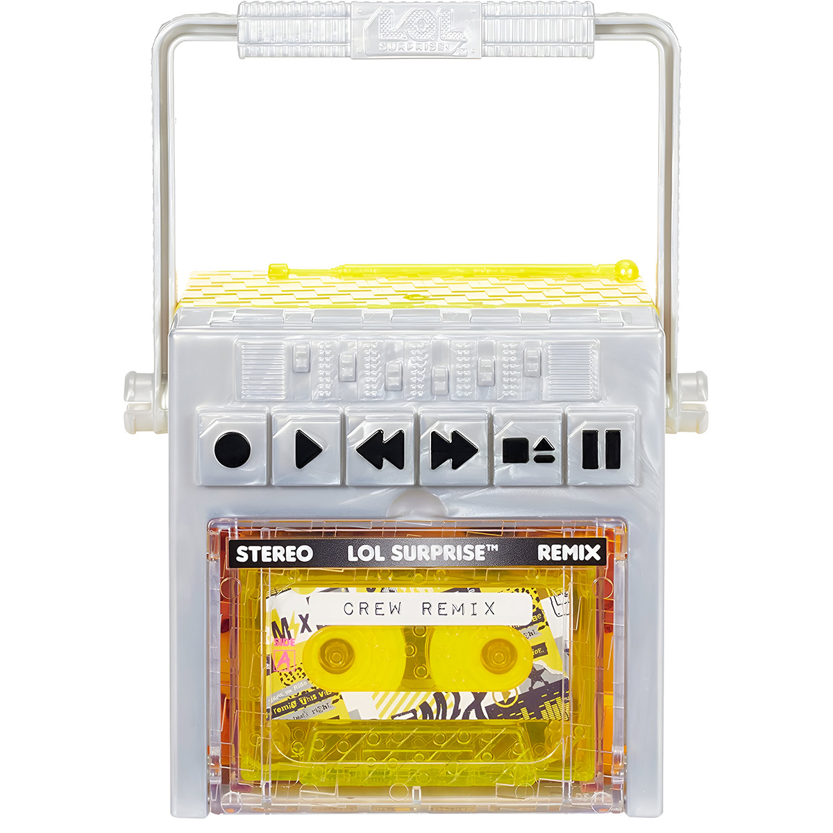 Uno stereo giocattolo con una musicassetta. Ha una maniglia e dei pulsanti, nei colori giallo e grigio.