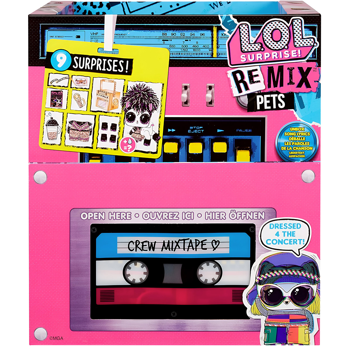 Una scatola rosa LOL Surprise Remix Pets con un design a cassetta e un'illustrazione di bambola.