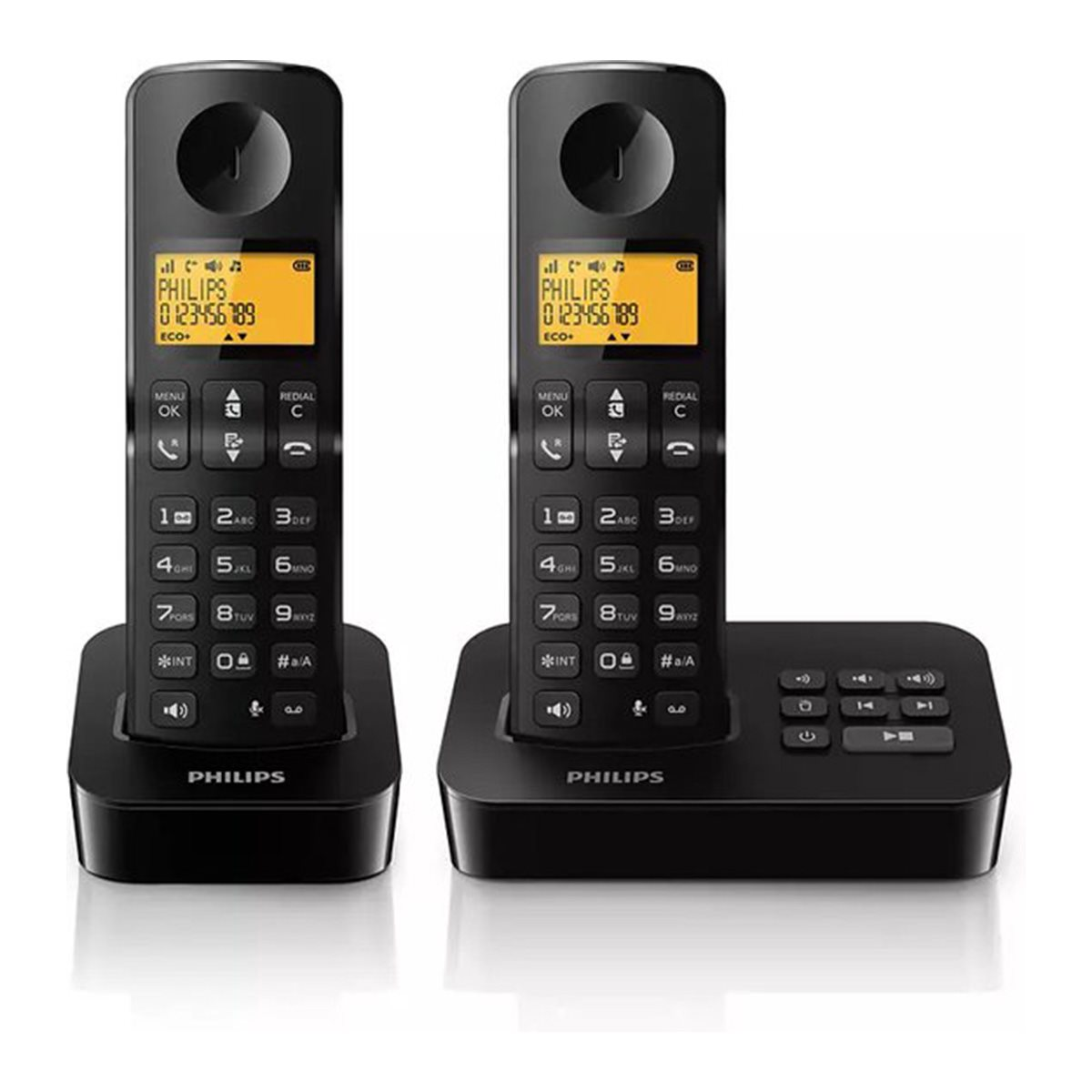 Schwarze schnurlose Telefone mit Basis. Orangefarbenes Display. Weißer Hintergrund.