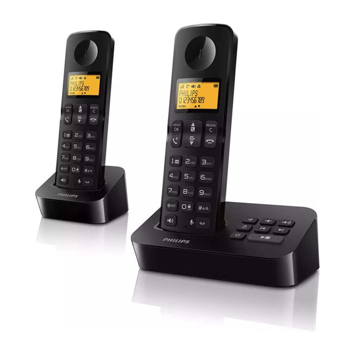 Zwei schwarze schnurlose Telefone mit einer Ladestation mit Knöpfen. Weißer Hintergrund.