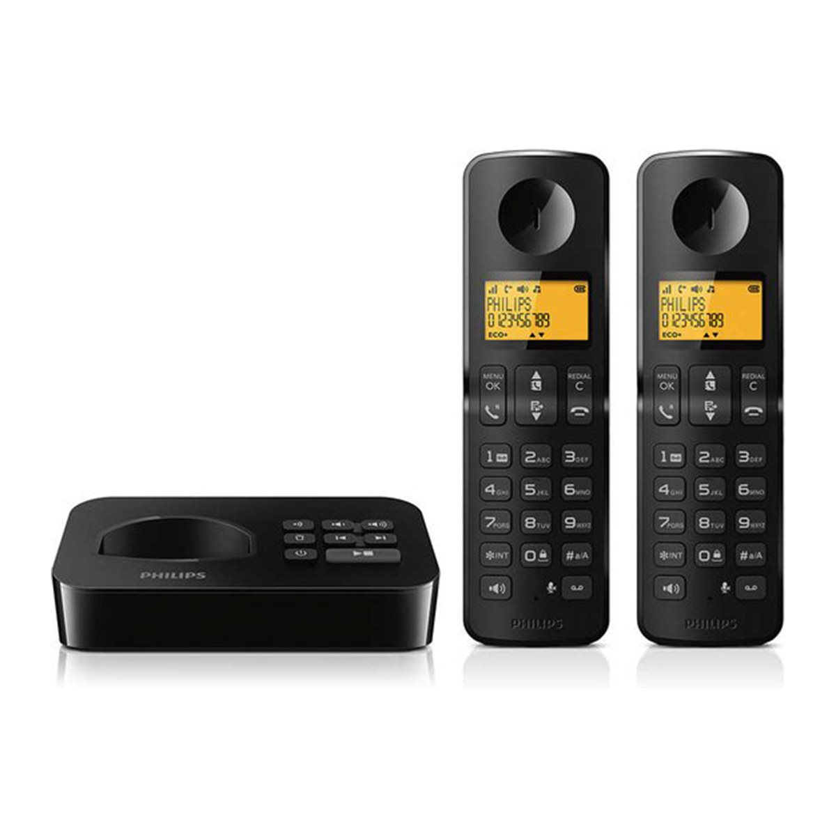 Zwei schwarze Festnetztelefone und eine Basisstation auf einer weißen Oberfläche.