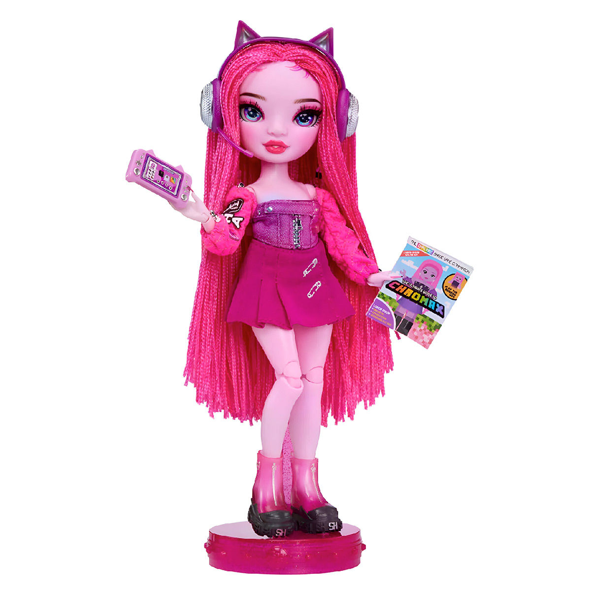 Różowa lalka w słuchawkach trzymająca telefon i magazyn.