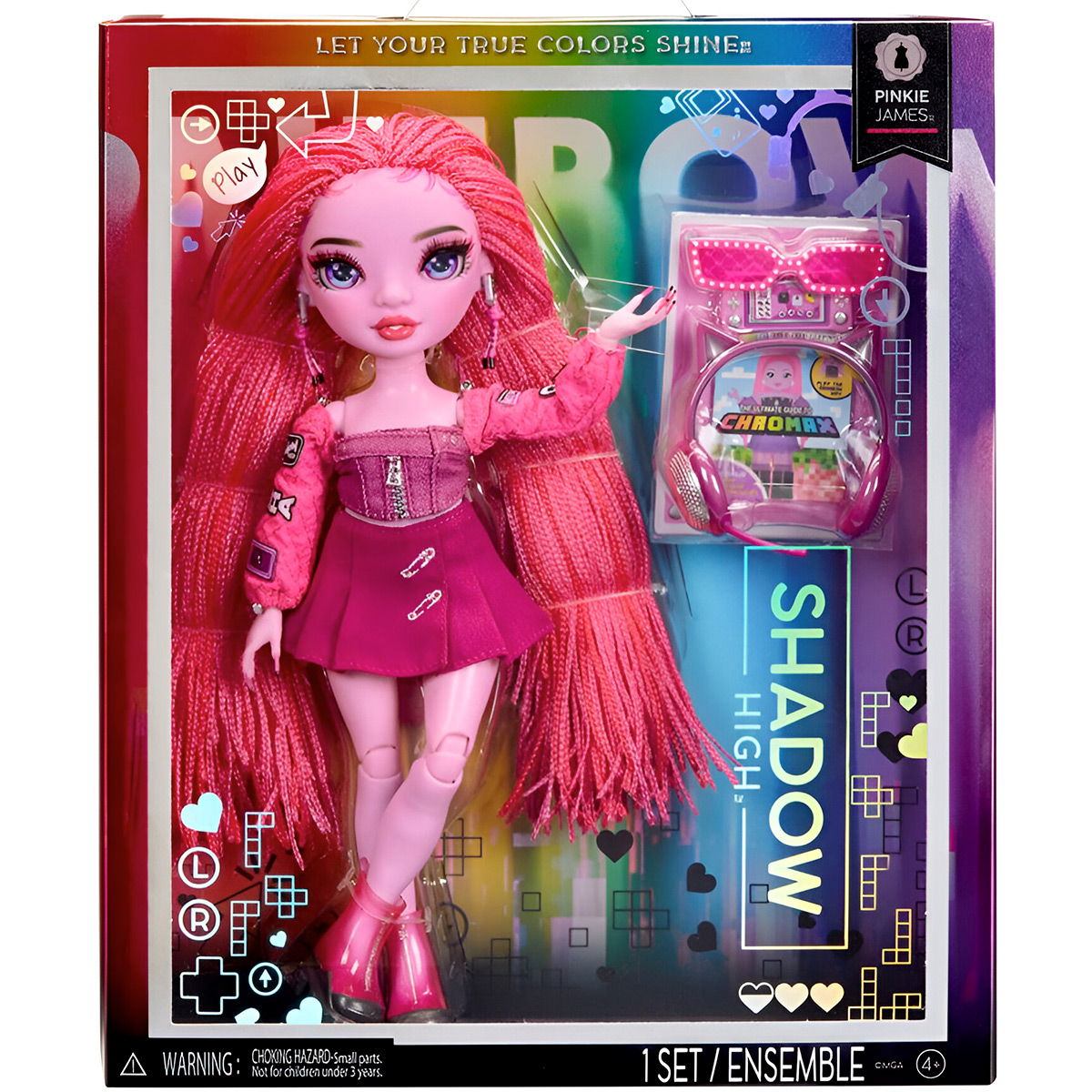 Lalka w pudełku. Lalka jest różowa z długimi, różowymi włosami. Pudełko zawiera tekst i akcesoria.