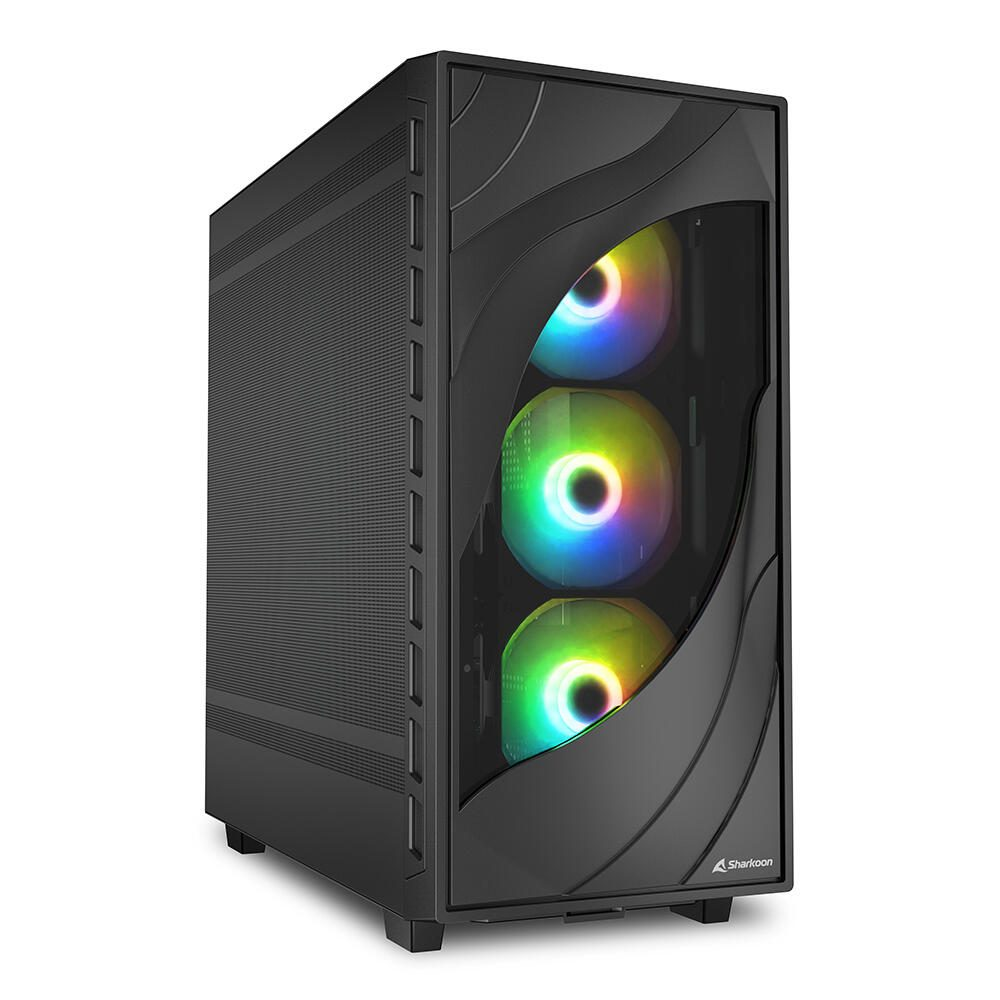 Case PC nero con pannello in vetro. Tre ventole con luci arcobaleno visibili. Logo Sharkoon.