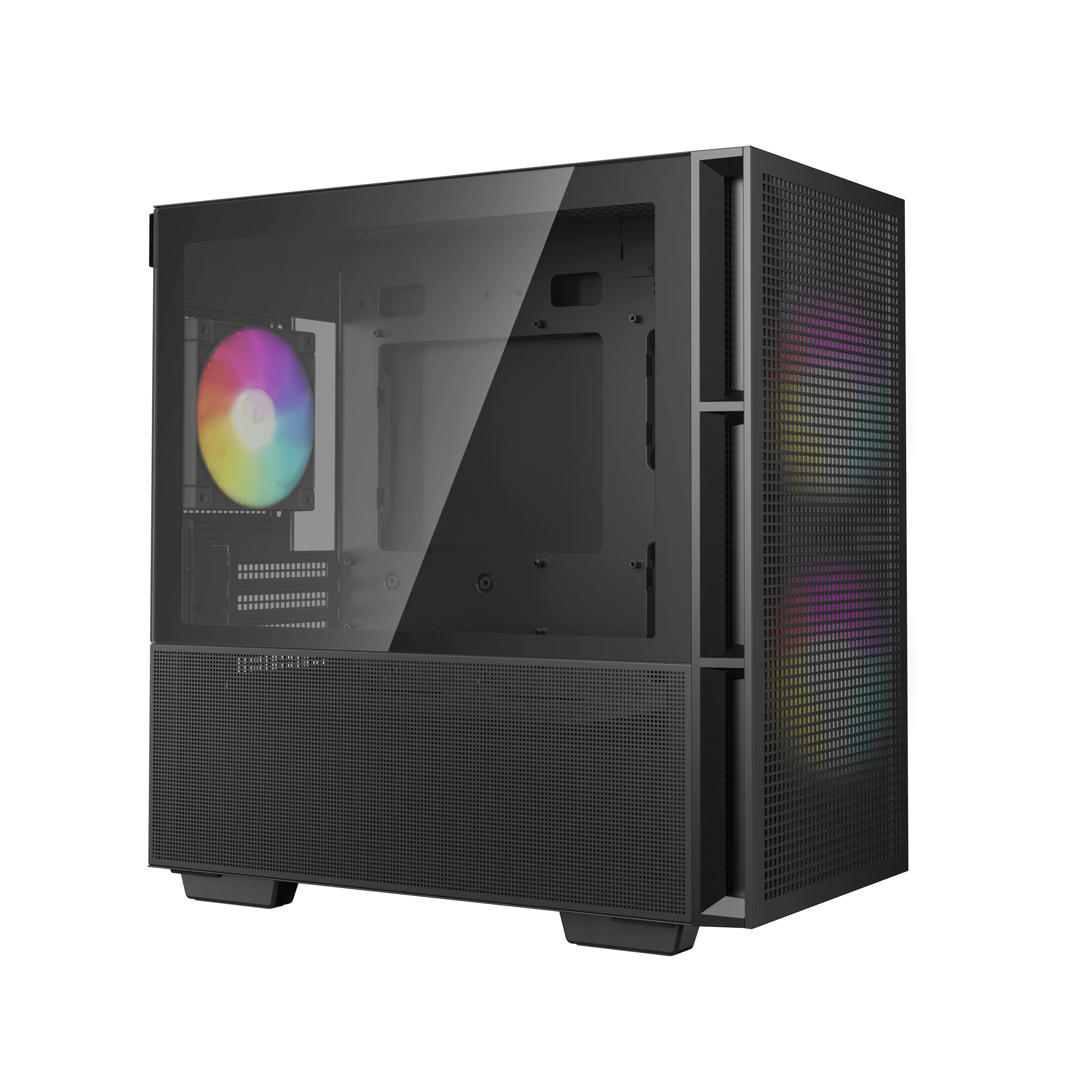 Un case per computer nero con un lato in vetro e una ventola arcobaleno.