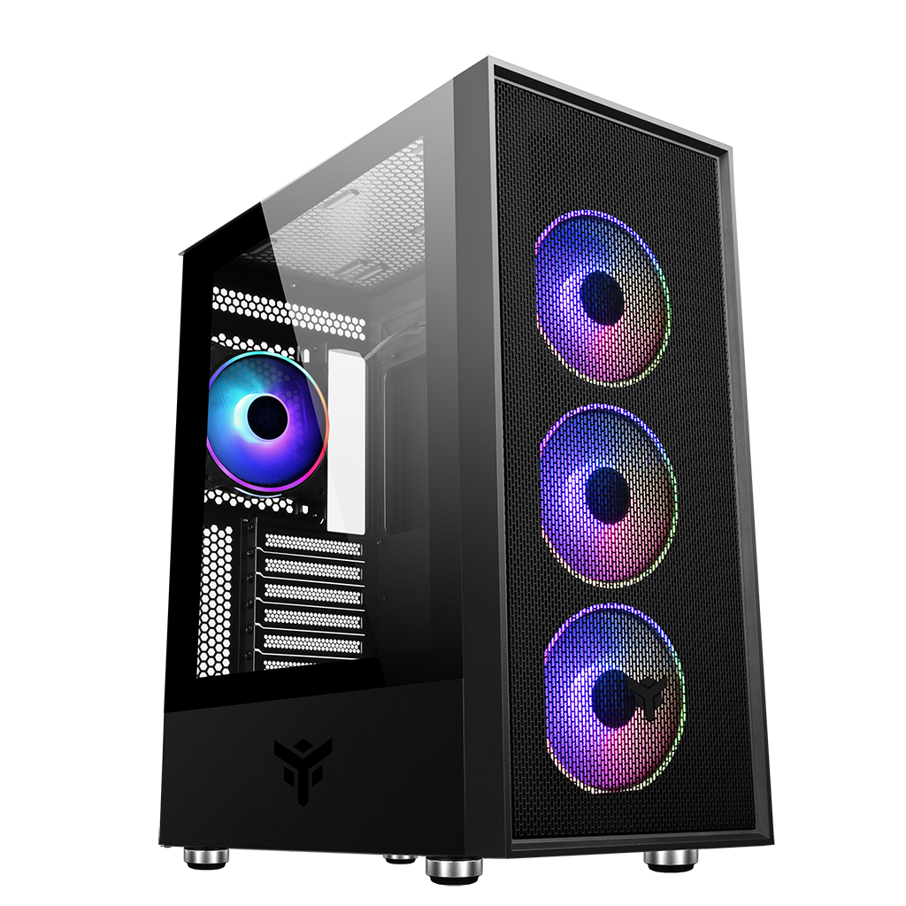 Un case per computer nero con tre ventole arcobaleno e un lato in vetro.