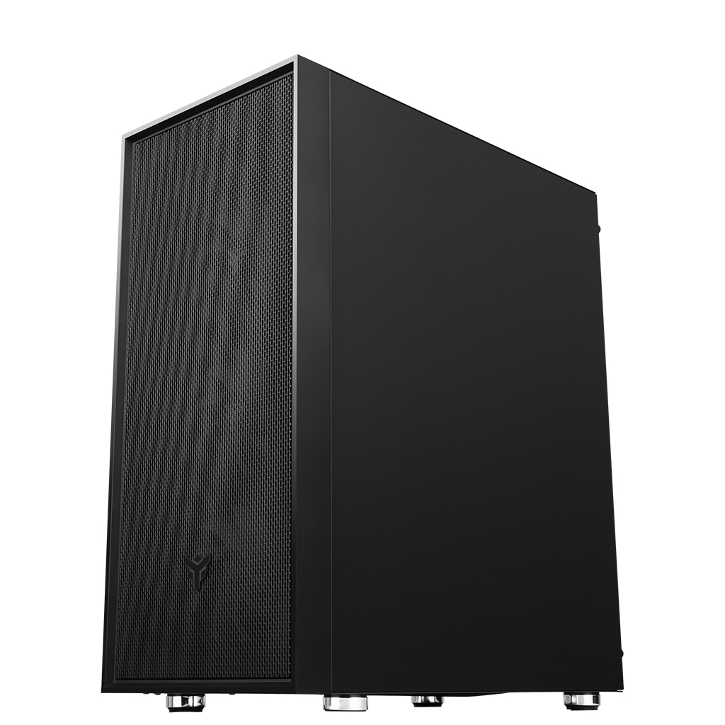 Case per computer nero con pannello frontale a rete e piedini argentati.