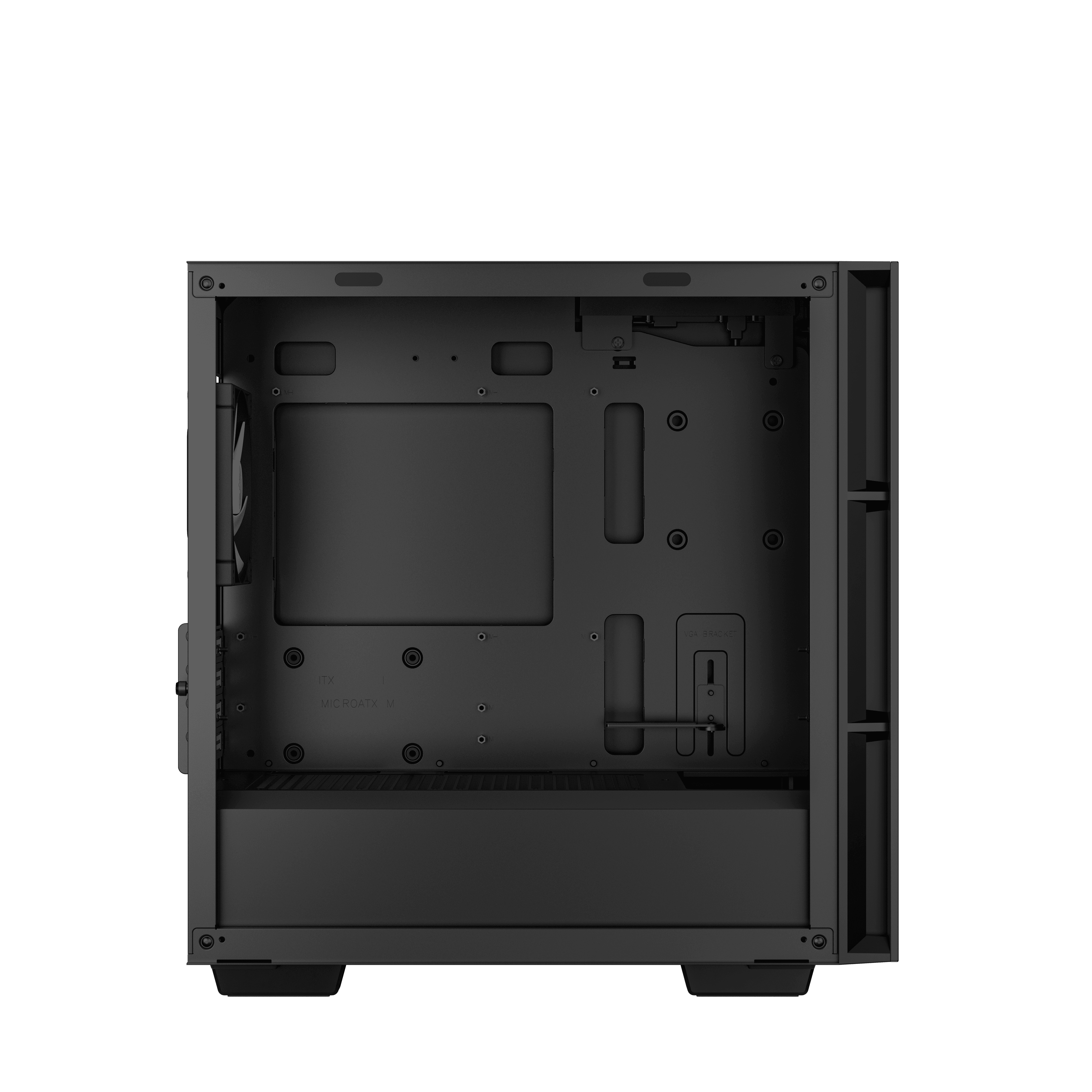 Interno di un case per computer nero con spazi vuoti. Un pannello rettangolare è al centro.