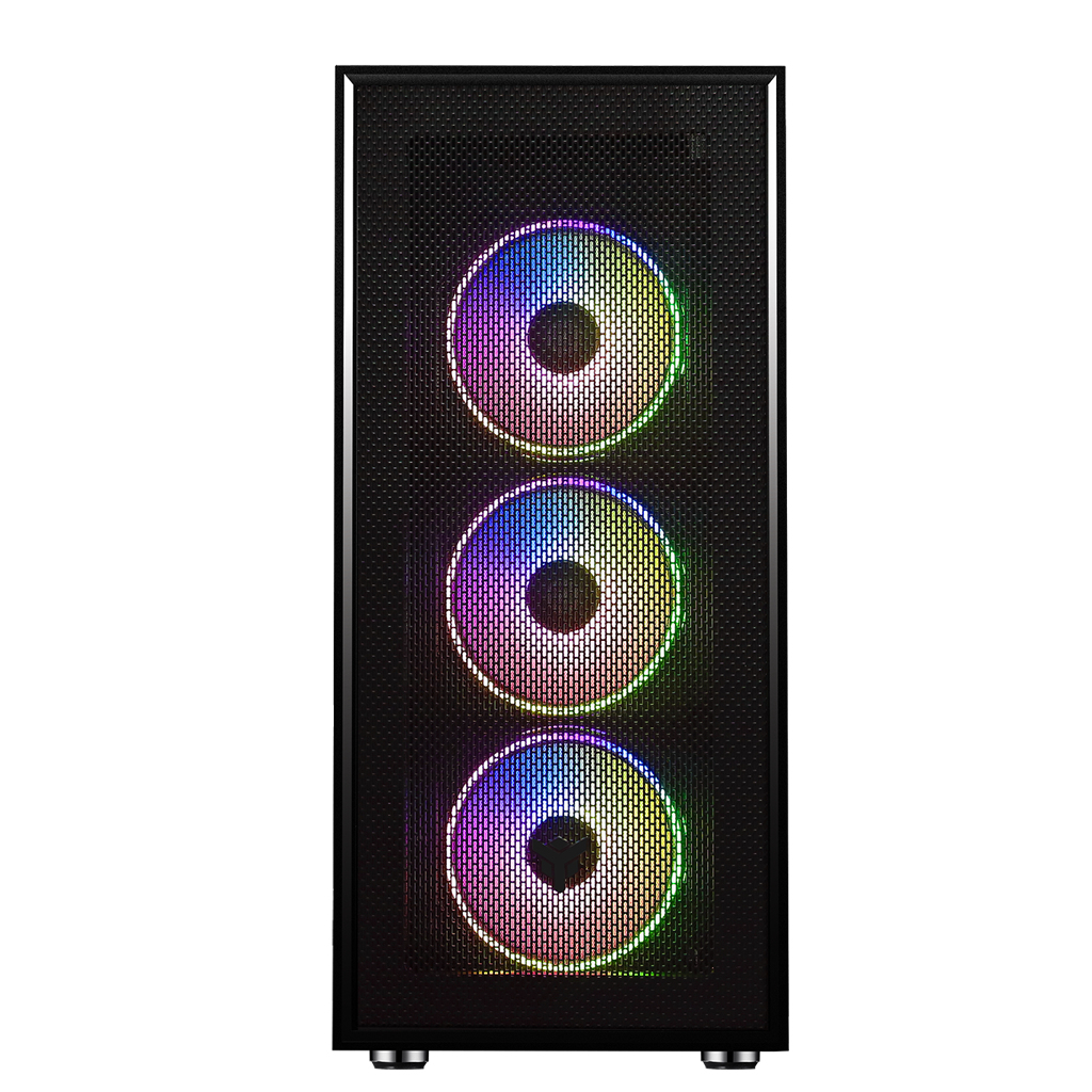Case per computer con tre ventole illuminate, che mostrano luci RGB colorate.