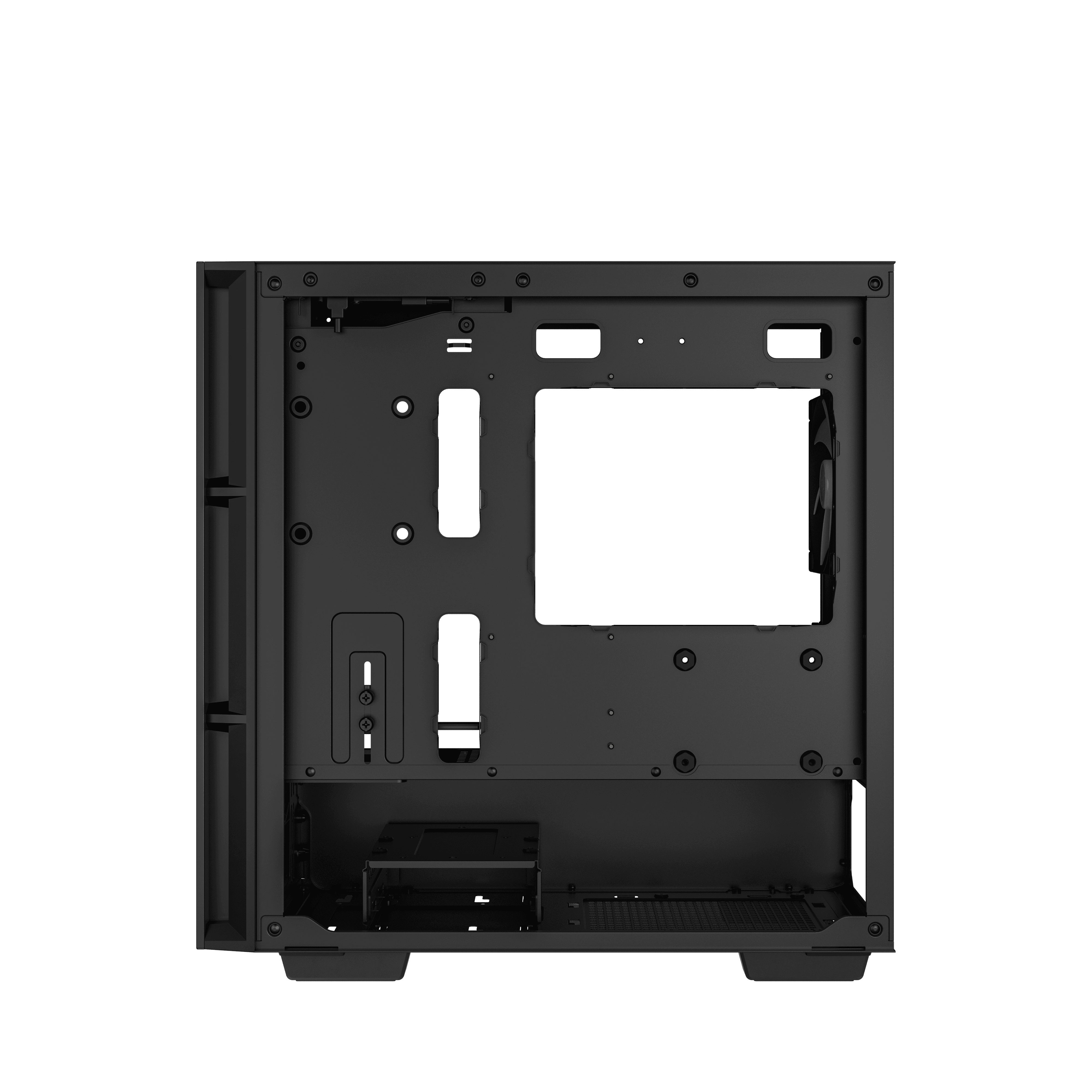 Interno di un case per PC nero. Mostra i punti di montaggio e il posizionamento della ventola posteriore.