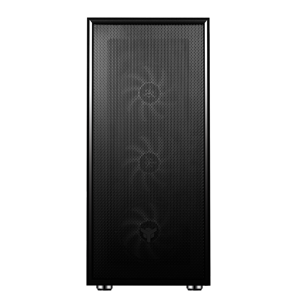 Un primo piano del pannello frontale di un case per computer con un design a rete.
