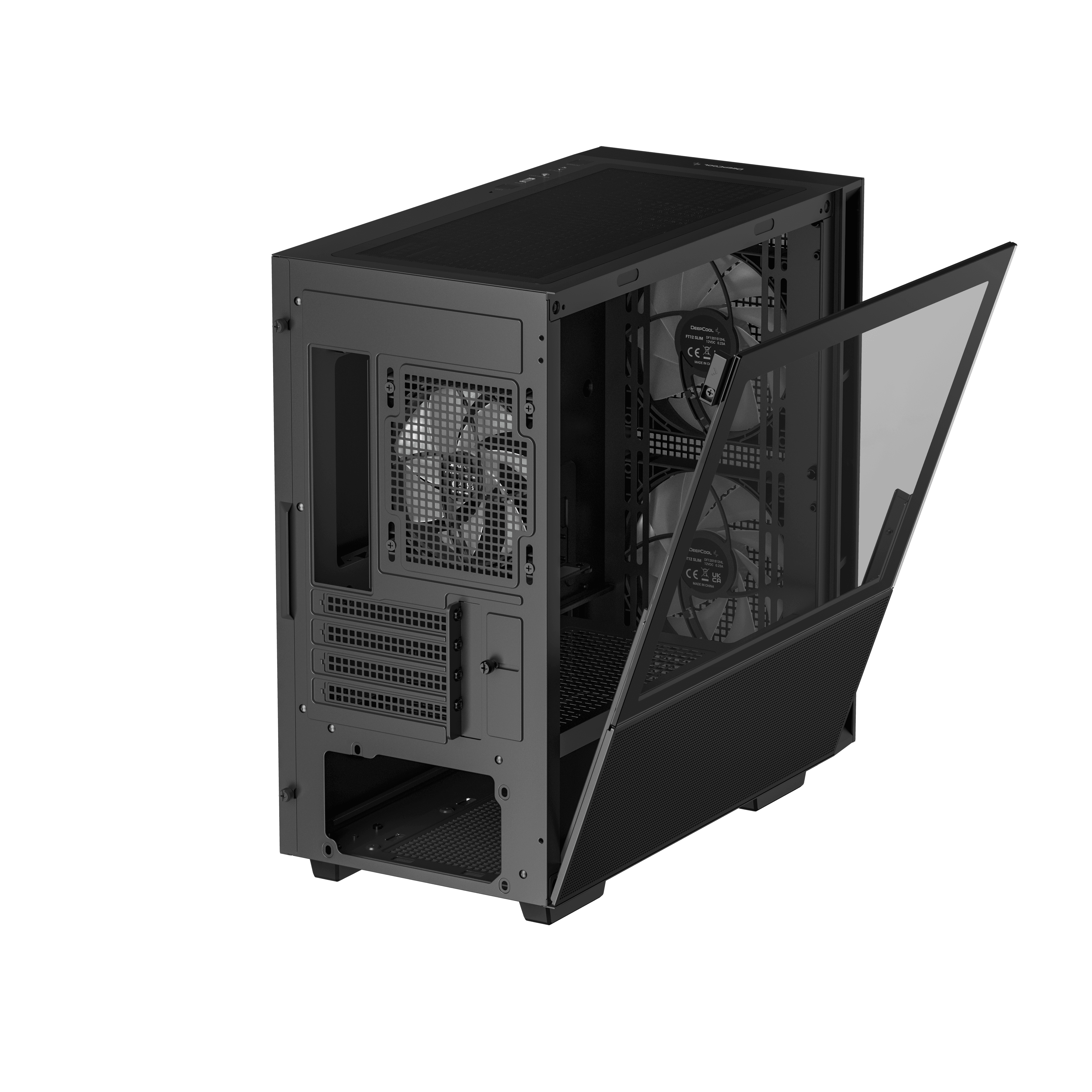 Un case per computer nero con un pannello laterale in vetro aperto, che rivela l'interno.