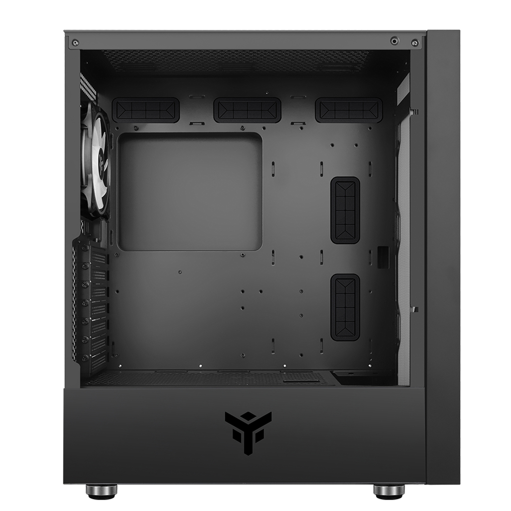 Interno di un case PC nero, vuoto. Mostra il supporto ventola e l'area della scheda madre. Un logo in basso.